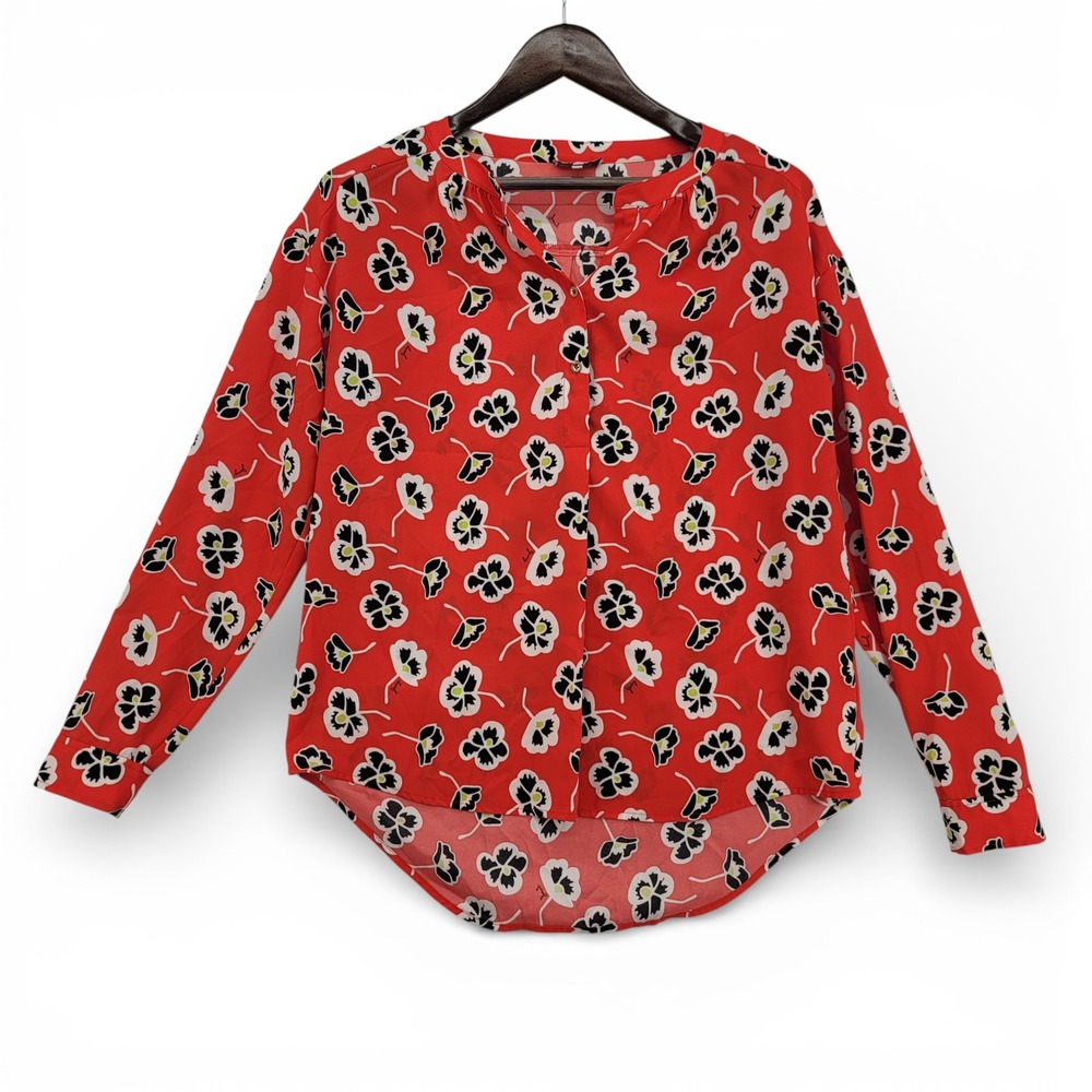 Juicy Couture Womens M Blouse Red Floral‎ Polyester Long Sleeve Top